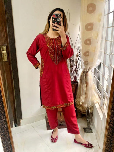 2 pcs women's stitched linen sequins embroidered shirt and trouser